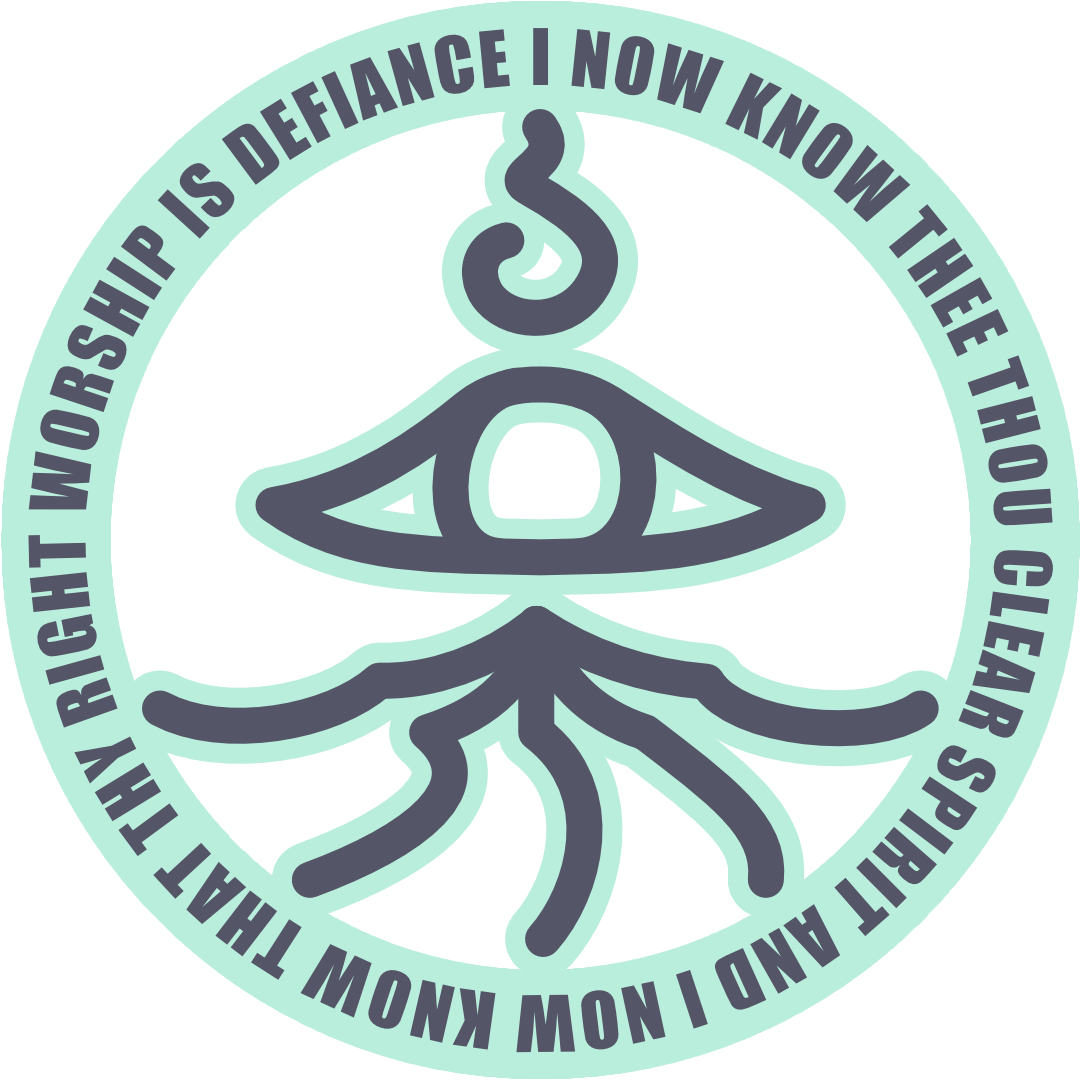 a hierogliphic logo featuring an eye with 5 tentacles. A circle of text around it reads: I now know thee, thou clear spirit, and I now know that thy right worship is defiance